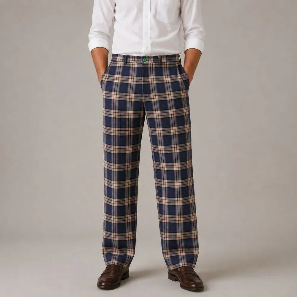 Mens 32 Navy Tan Plaid Dress Pants Straight Fit Flat Front Cotton Trousers NWT